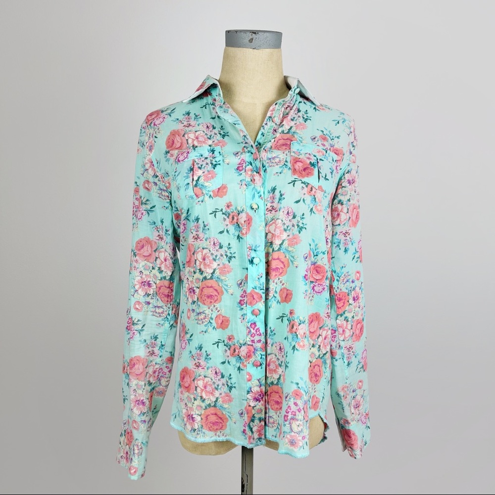 Arnold Zimberg La Femme Button Down Top Floral Turquoise Pink Size Small